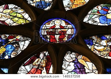 Buchy France - june 23 2016 : stained glass window in the Notre Dame church