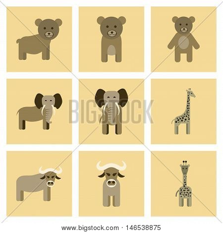 assembly of flat icons nature giraffe bull bear elephant