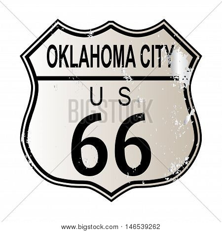 Oklahoma City Route 66 traffic sign over a white background and the legend ROUTE US 66