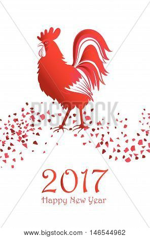 Happy New Year 2017. Card with red cock on white background.  Can be used as a greeting card, flyer, poster, invitation. Vector illustration