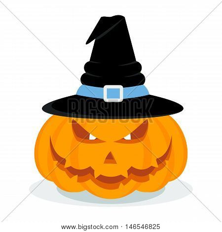 Vector halloween pumpkin in a witches hat. Halloweeen party poster. Halloweeen icon. Design elements for advertising and promotion. Flat cartoon illustration. Objects isolated on white background.