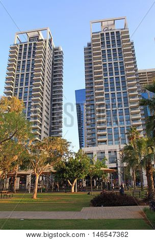 TEL AVIV, ISRAEL - APRIL 7, 2016 : Sarona Market area near Gindi buildings in Tel Aviv, Israel. Recently open Sarona Market became the most popular place in Tel Aviv.