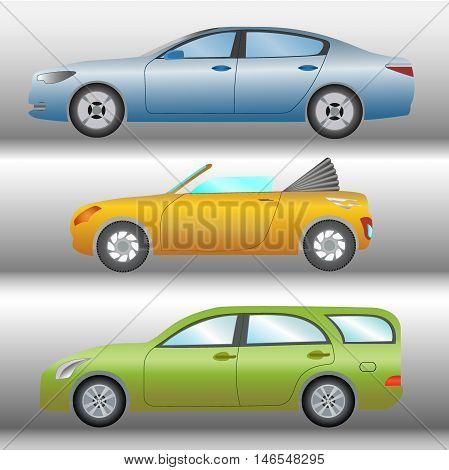 Vector illustration set of images of cars of different types and colors on a light background