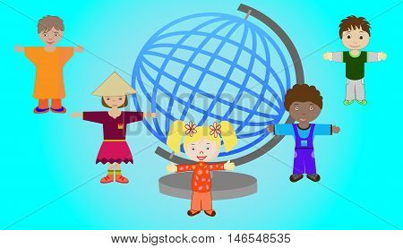 Vector illustration of children of different nations of the world together
