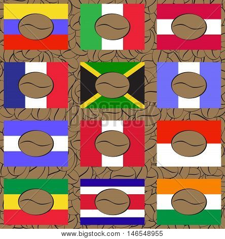 Vector illustration. Set of logo coffee beans on the manufacturing countries flags.