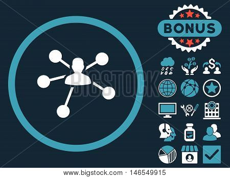 Person Relations icon with bonus. Vector illustration style is flat iconic bicolor symbols, blue and white colors, dark blue background.