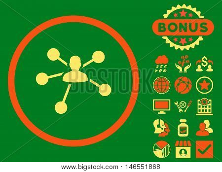 Person Relations icon with bonus. Vector illustration style is flat iconic bicolor symbols, orange and yellow colors, green background.
