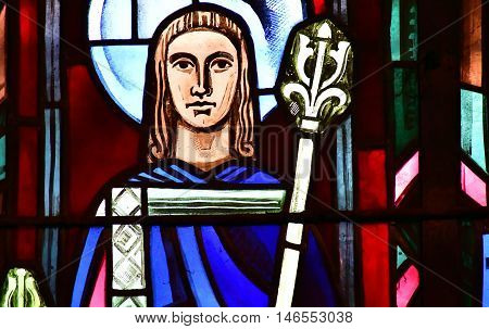 Poissy France - august 6 2016 : stained glass window of the historical collegiate church where the king Saint Louis was baptised