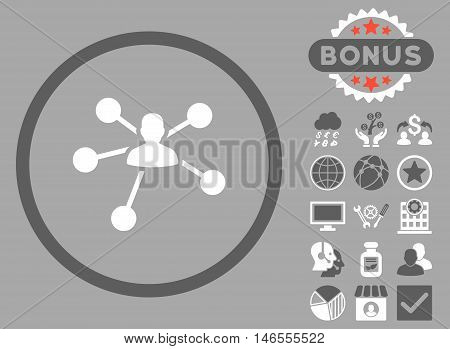Person Relations icon with bonus. Vector illustration style is flat iconic bicolor symbols, dark gray and white colors, silver background.