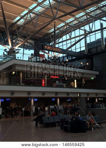 HAMBURG, GERMANY - AUG 28: Hamburg Airport (Flughafen Hamburg) in Germany, as seen on Aug 28, 2016. It is the fifth-busiest of Germany's commercial airports measured by the number of passengers.