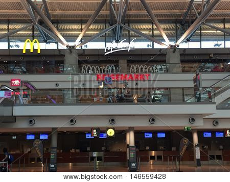 HAMBURG, GERMANY - AUG 28: Hamburg Airport (Flughafen Hamburg) in Germany, as seen on Aug 28, 2016. It is the fifth-busiest of Germany's commercial airports measured by the number of passengers.