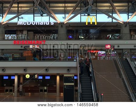 HAMBURG, GERMANY - AUG 28: Hamburg Airport (Flughafen Hamburg) in Germany, as seen on Aug 28, 2016. It is the fifth-busiest of Germany's commercial airports measured by the number of passengers.