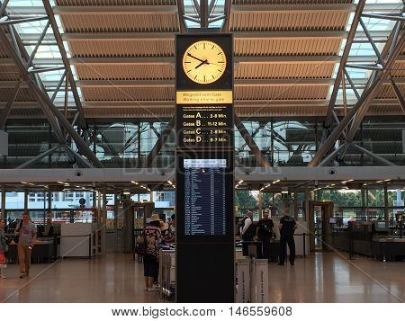 HAMBURG, GERMANY - AUG 28: Hamburg Airport (Flughafen Hamburg) in Germany, as seen on Aug 28, 2016. It is the fifth-busiest of Germany's commercial airports measured by the number of passengers.