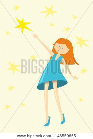 Red-haired girl in a turquoise dress catches a star