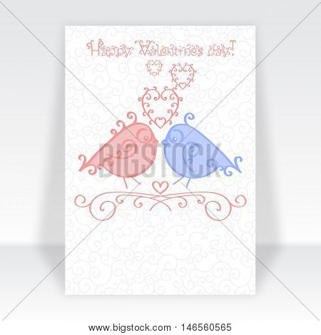Happy Valentine Day card template or Valentines Day party flyer design in fashionable soft blue and pink colors. Cartoon loving couple birds. Vector illustration.