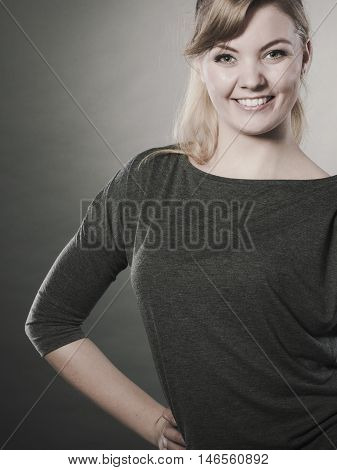 Leisure relax beauty concept. Cheerful girl fooling. Young laughing blond lady showing happiness expressing joy having fun.
