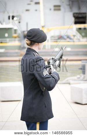 NEW YORK MAY 30 2016: Personnel from the US Army 99th Regional Support Command, Fort Dix, NJ prior to the rifle salute at the Memorial Day Observance service on the Intrepid Sea, Air & Space Museum.