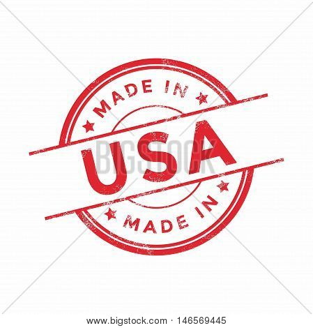 Made in USA red vector graphic. Round rubber stamp isolated on white background. With vintage texture.