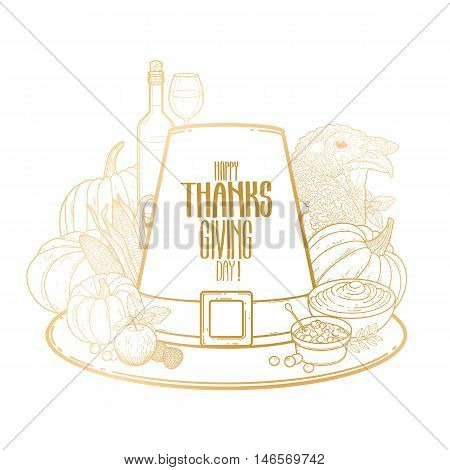 Graphic Thanksgiving day art. Vector piligrim hat drawn in line art style decorated with fruits and vegetables.