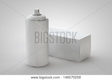 Spray can and package box on light background. 3D rendering can for your design.