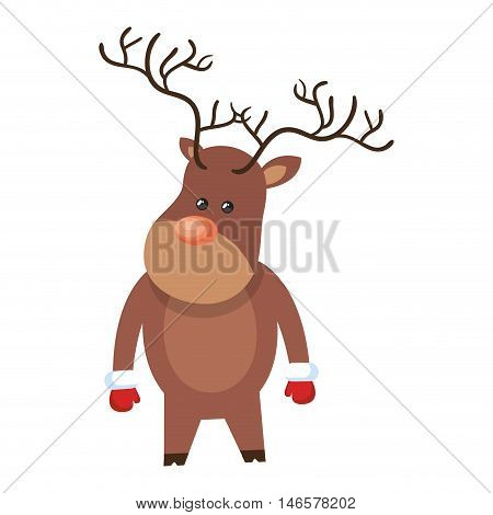 christmas brown reindeer with red nose cartoon. vector illustration