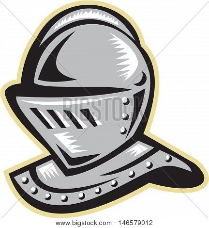 Illustration of a knight armor helmet set on isolated white background done in retro woodcut style.