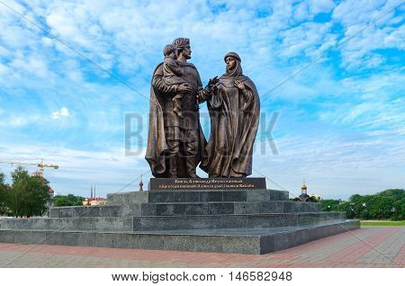 VITEBSK BELARUS - JULY 13 2016: Monument to Prince Alexander Nevsky and his wife Princess Alexandra of Vitebsk and son of Basil Vitebsk Belarus