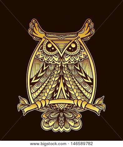 Owl in Zen doodle or  Zen tangle decorative style handmade gold on black for Halloween or for wallpaper or for decorate package clothes or for logotype