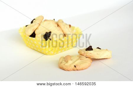 Chocolate chip cookies on white colored background