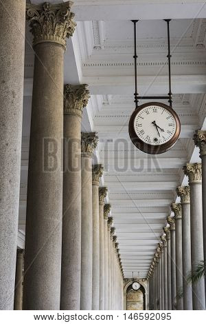 Clock in Mill colonnade (Mlynska kolonada) in Karlovy Vary. Czech Republic
