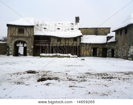 Old deserted village ruins in the middle of the winter
