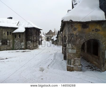 Old deserted village ruins in the middle of the winter