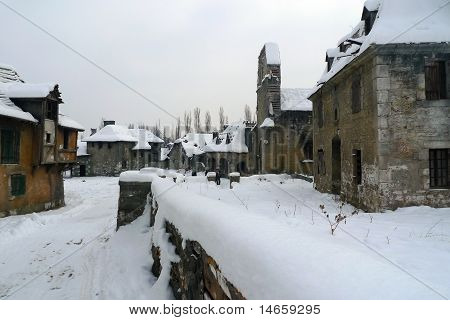Old deserted village ruins in the middle of the winter