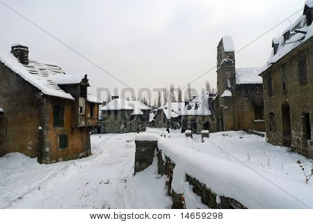 Old deserted village ruins in the middle of the winter
