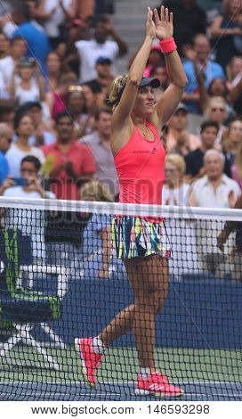 NEW YORK - SEPTEMBER 10, 2016:Two times Grand Slam champion Angelique Kerber of Germany celebrates victory after her final match at US Open 2016 at Billie Jean King National Tennis Center in New York