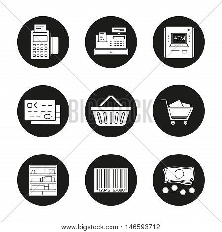 Supermarket icons set. Grocery store. Pos terminal, cash register, atm machine, credit card, shopping basket and cart, shop shelves, barcode, cash. Vector white illustrations in black circles