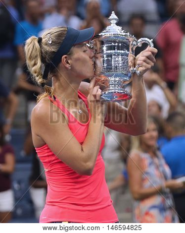 NEW YORK - SEPTEMBER 10, 2016:Two times Grand Slam champion Angelique Kerber of Germany during trophy presentation after her victory at US Open 2016 at Billie Jean King National Tennis Center