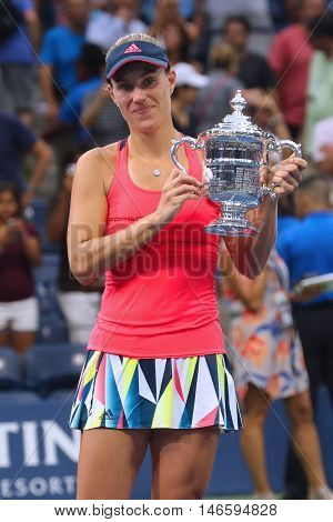 NEW YORK - SEPTEMBER 10, 2016:Two times Grand Slam champion Angelique Kerber of Germany during trophy presentation after her victory at US Open 2016 at Billie Jean King National Tennis Center