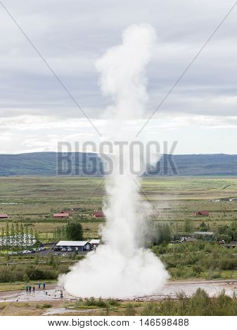 Impressive Eruption Of The Biggest Active Geysir, Strokkur, With Tourists Waiting Around, Golden Cir