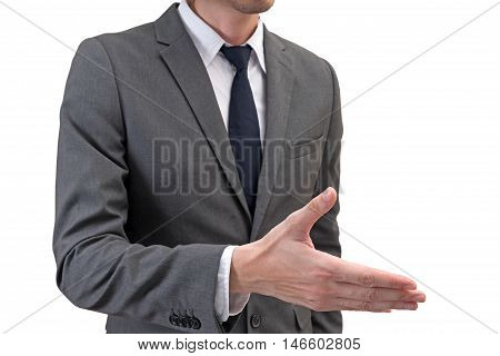 Businessman ready for handshake isolated on white background.
