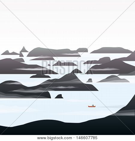 Ocean coast landscape with rock cliffs and canoeing person. Kayak sport leisure activity. Eps10 vector illustration.
