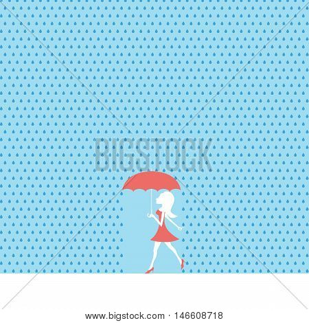 Sexy young woman or girl walking in summer rain with red dress and umbrella. Eps10 vector illustration