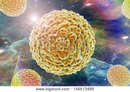 Zika viruses on colorful space background, viruses which cause Zika fever found in Brazil. Zika fever in pregnant women leads to microcephaly in fetus. Elements of this image furnished by NASA
