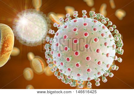 Zika viruses in blood with red blood cells, 3D illustration. Viruses which cause Zika fever found in Brazil and other tropical countries. Zika fever in pregnant women leads to microcephaly in fetus