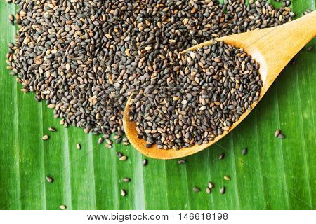 black sesame seed on a banana leaf the ingredients of Asia food and sweet dessert