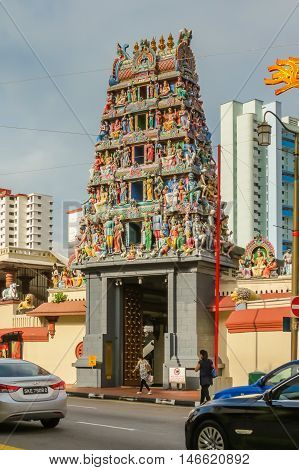 SINGAPORE, REPUBLIC OF SINGAPORE - JANUARY 09, 2014: Entrance of the Sri Mariamman Temple the oldest Hindu Temple is dating back to 1827. Chinatown, Singapore