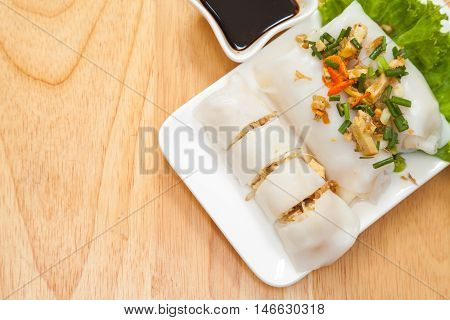 Noodle tube is appetizer menu Asia. made from noodle vegetable and steamed.