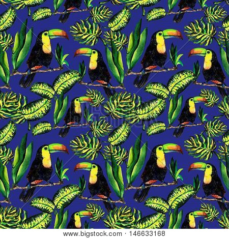 Seamless pattern of leaves monstera and Toucan. Watercolor sheet