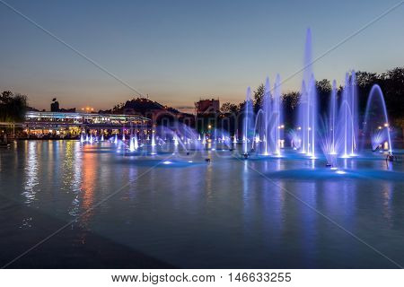 Amazing Sunset Panorama of Singing Fountains in City of Plovdiv, Bulgaria Tsar Simeon Garden