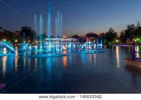 Night photo of Singing Fountains in City of Plovdiv, Bulgaria
